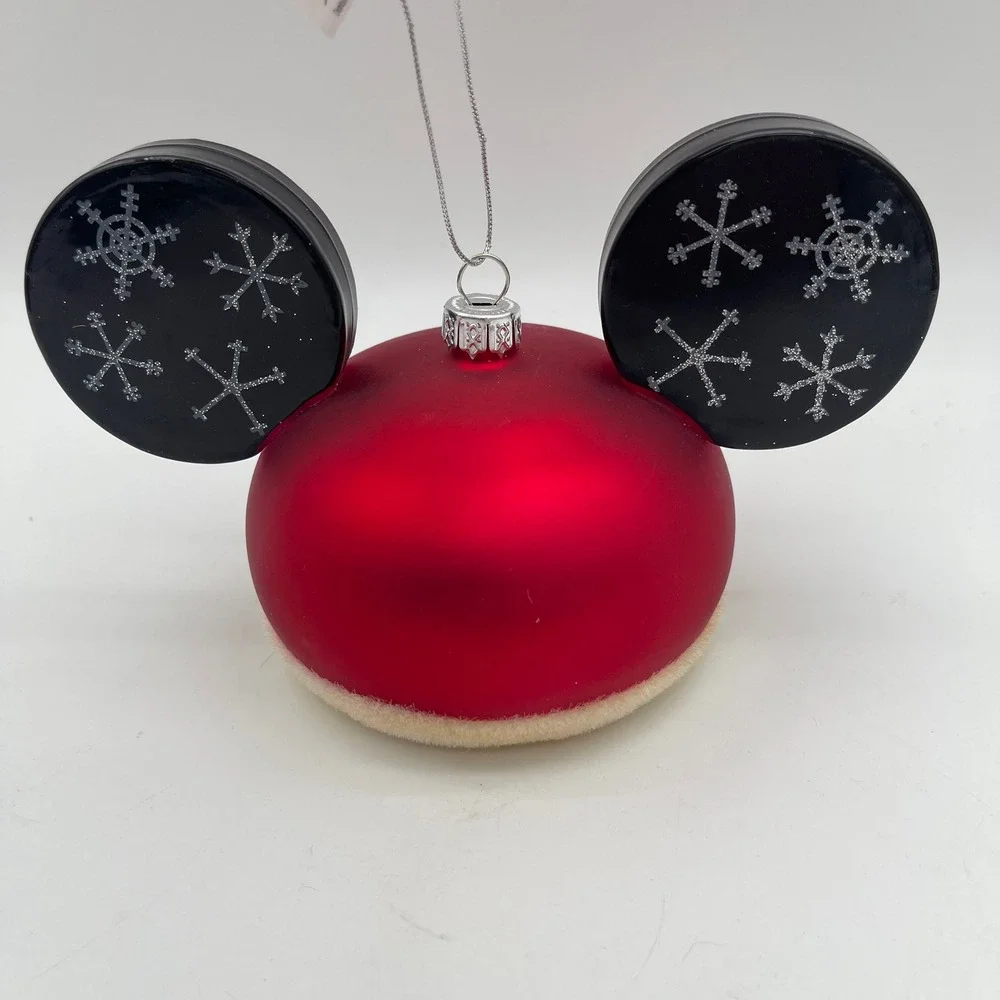 Disney Parks Mickey Mouse Ear Hat Glass Christmas Ornament Red Snowflake NEW